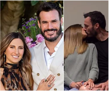 Couple smiling in nature; another image shows them kissing indoors.