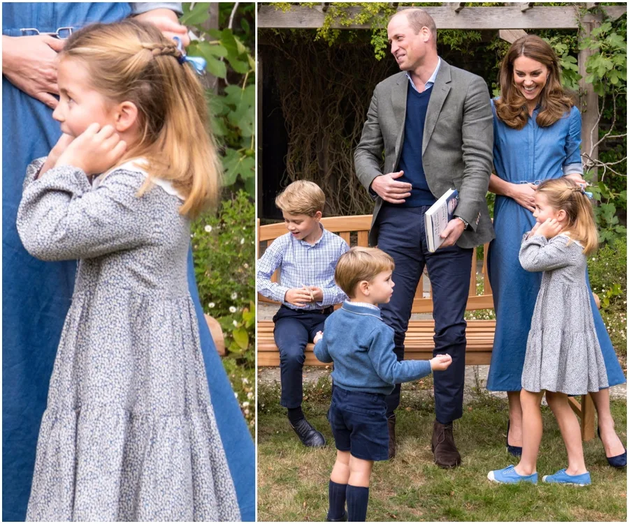 Royal family enjoying a garden moment; children playing around parents sitting on a bench.
