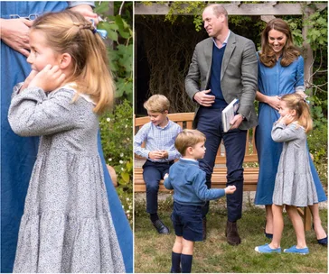 Royal family enjoying a garden moment; children playing around parents sitting on a bench.