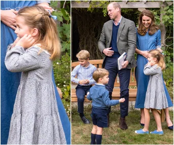 Royal family enjoying a garden moment; children playing around parents sitting on a bench.