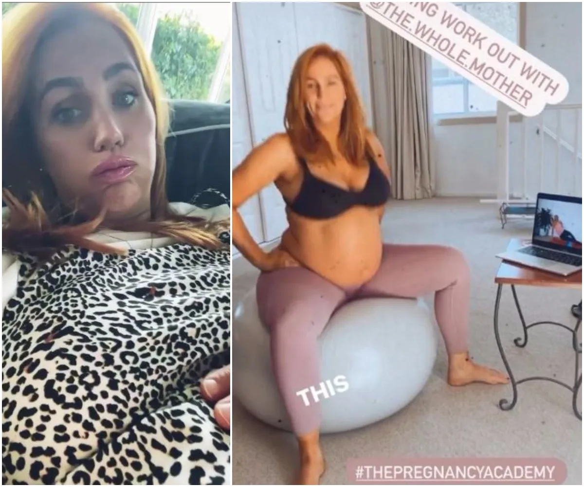 Pregnant woman relaxing on couch, wearing leopard print, and exercising on a fitness ball with video guidance.