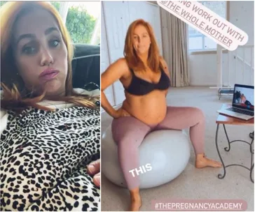Pregnant woman relaxing on couch, wearing leopard print, and exercising on a fitness ball with video guidance.