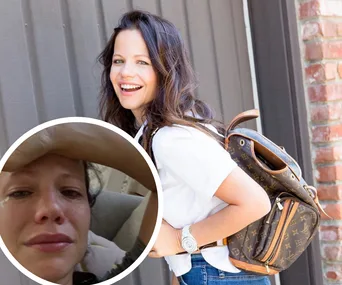 Smiling woman with backpack; inset shows her crying, displaying contrasting emotions.