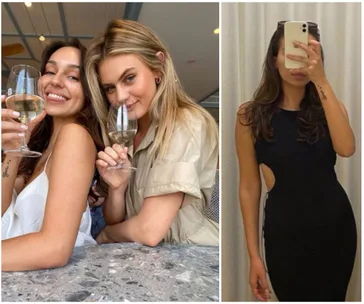 Two women smiling with wine glasses on the left, and a woman taking a mirror selfie in a black dress on the right.