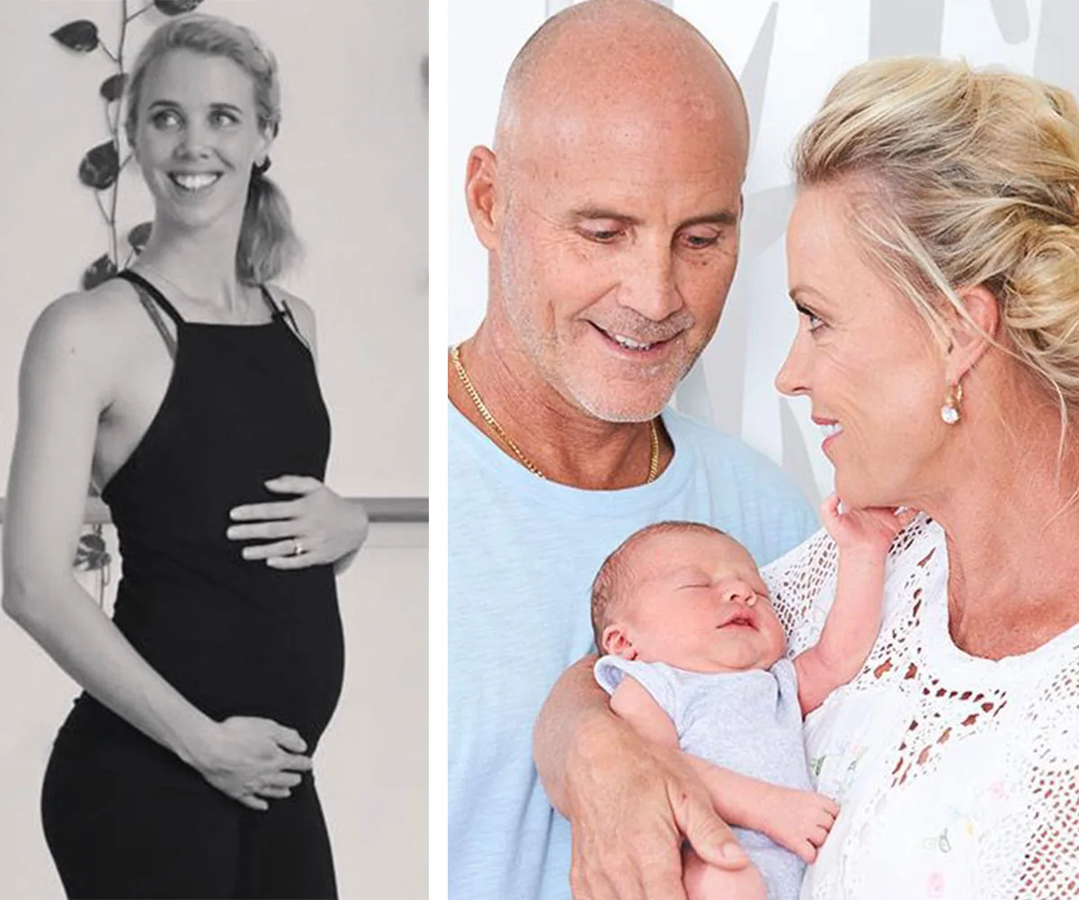 Pregnant woman in workout attire; couple smiling at a newborn baby.