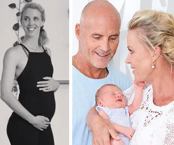 Pregnant woman in workout attire; couple smiling at a newborn baby.
