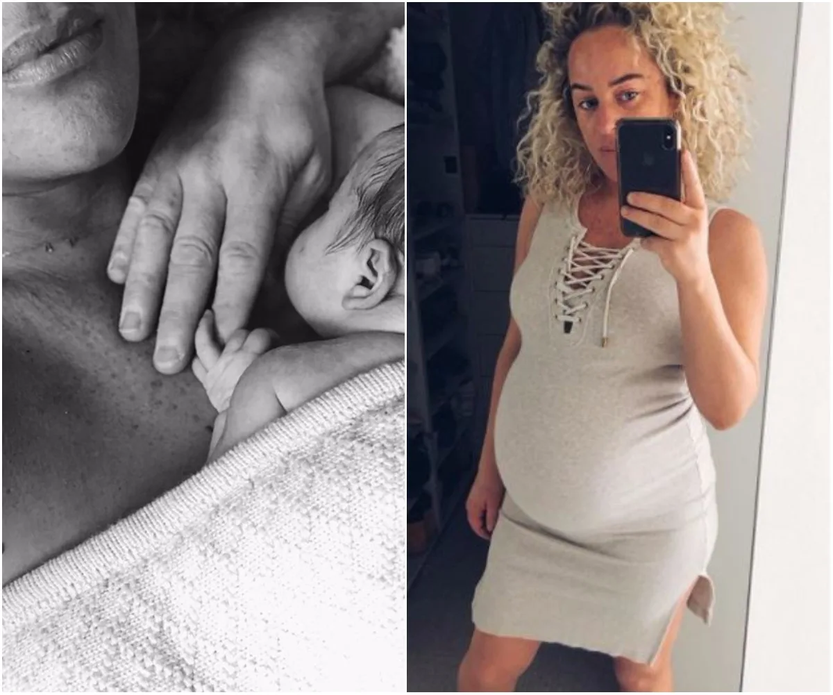 Mother holding newborn, and a woman taking a selfie, showcasing her pregnancy in a fitted dress.