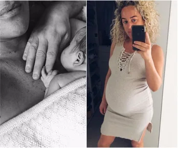 Mother holding newborn, and a woman taking a selfie, showcasing her pregnancy in a fitted dress.