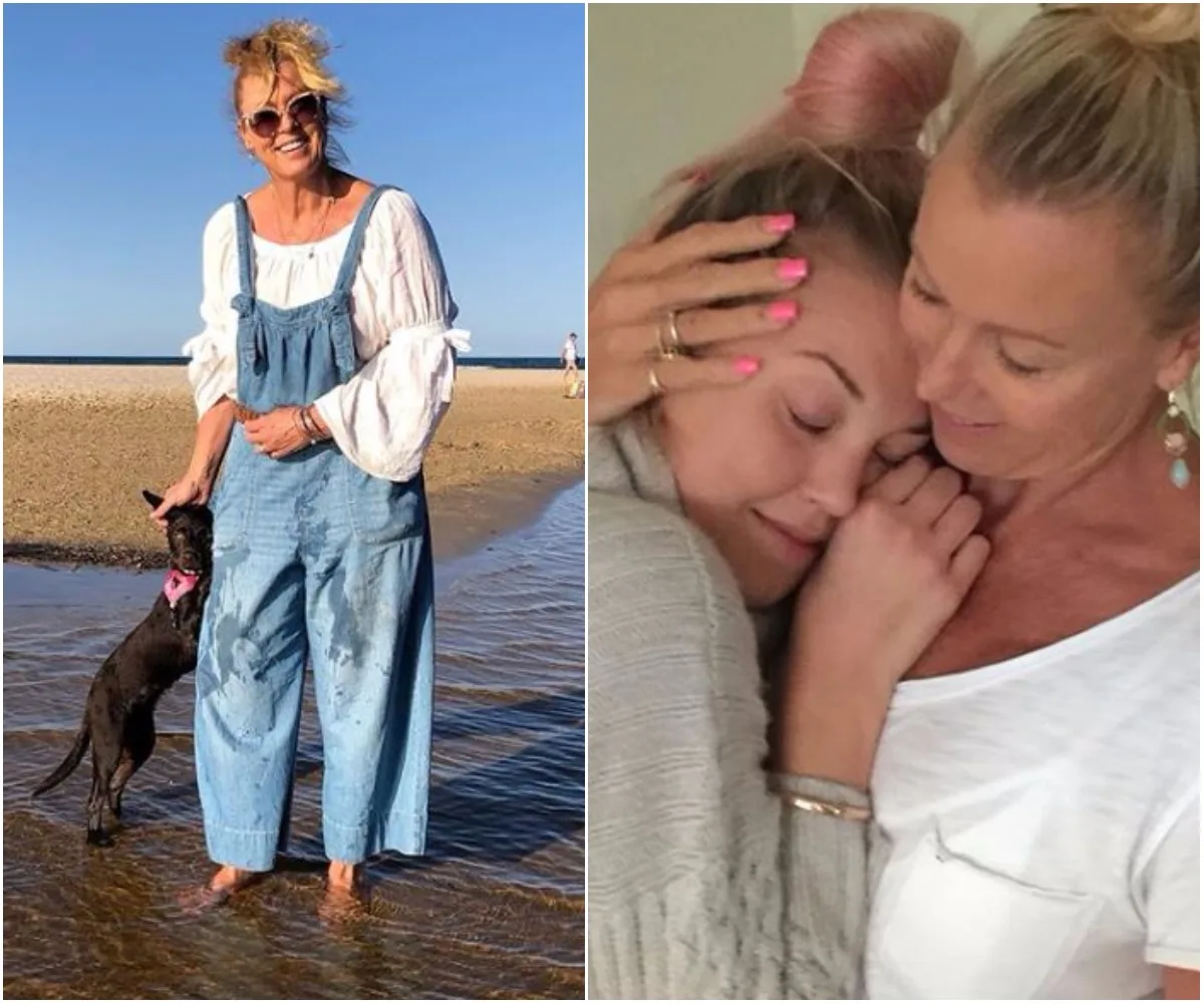 A woman in overalls and sunglasses on a beach with a dog; another image shows her hugging a person indoors.