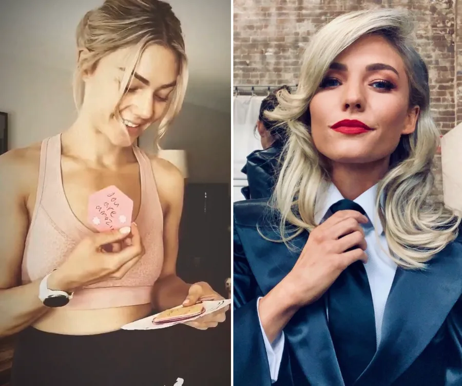 Two images: Left, a woman reads a note in activewear. Right, she poses in a formal suit with bold red lipstick.