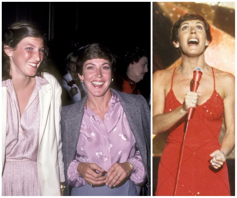 Two women smiling together on the left, with one woman singing passionately in a red dress on the right.