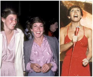 Two women smiling together on the left, with one woman singing passionately in a red dress on the right.