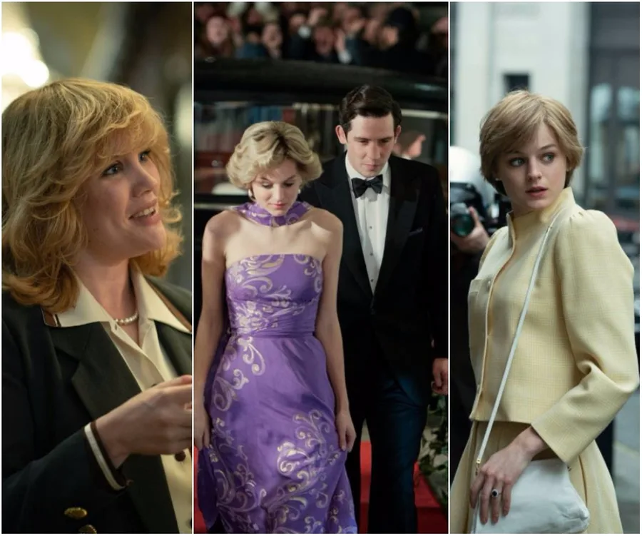 Three scenes from "The Crown" Season 4 showing two women dressed as Princess Diana in different outfits.