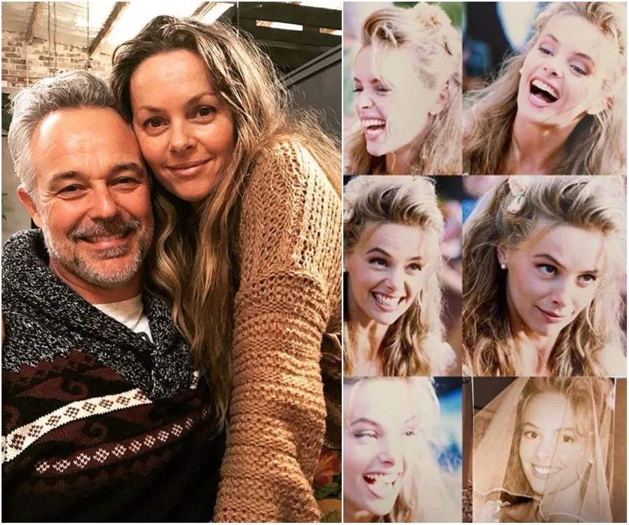 Couple pose on left; woman in different expressions on right in a collage, reflecting happiness and nostalgia.