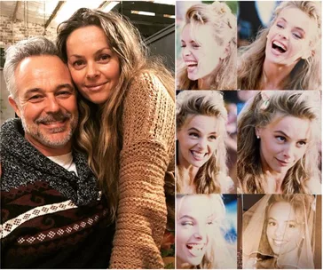 Couple pose on left; woman in different expressions on right in a collage, reflecting happiness and nostalgia.