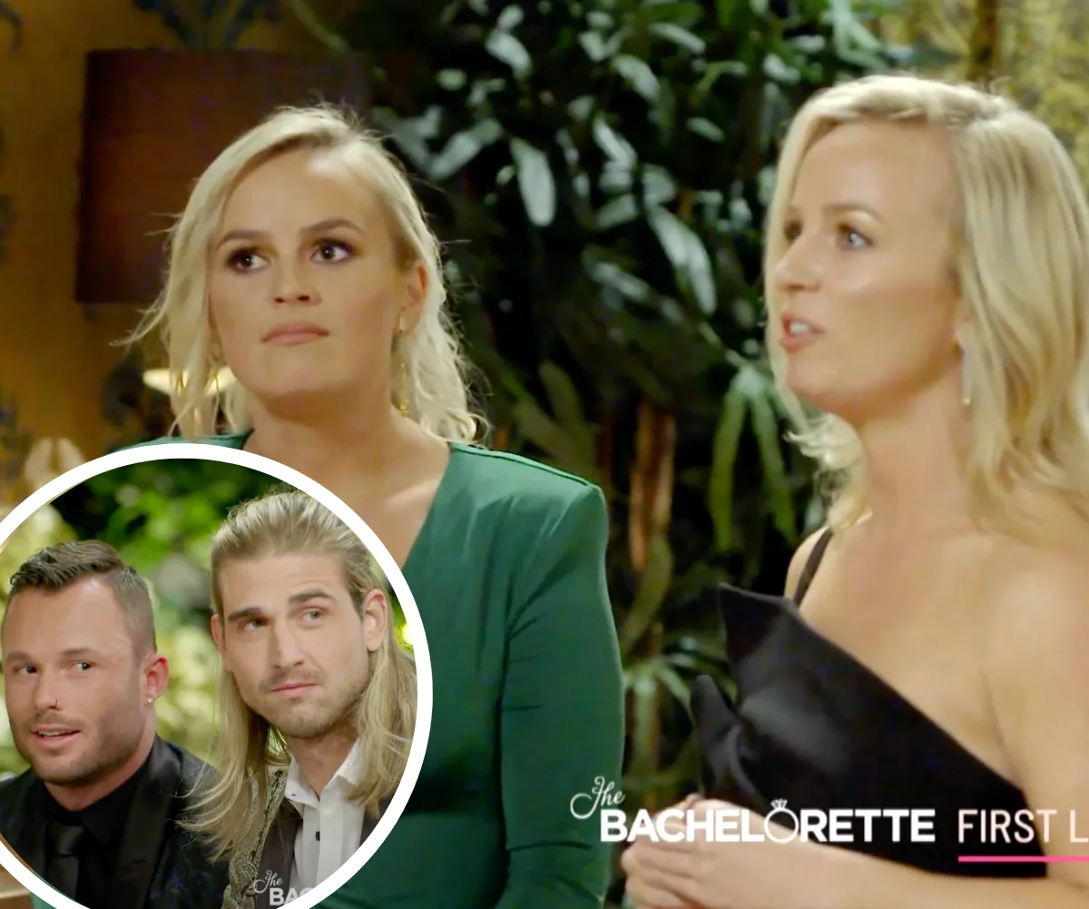 Two women speaking intensely in a lush setting, inset shows two men intently listening on "The Bachelorette Australia".