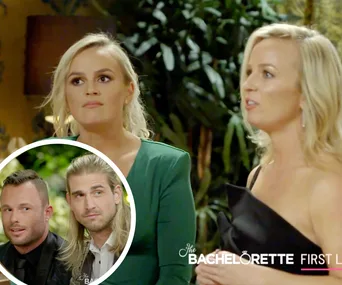 Two women speaking intensely in a lush setting, inset shows two men intently listening on "The Bachelorette Australia".