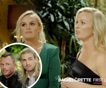 Two women speaking intensely in a lush setting, inset shows two men intently listening on "The Bachelorette Australia".