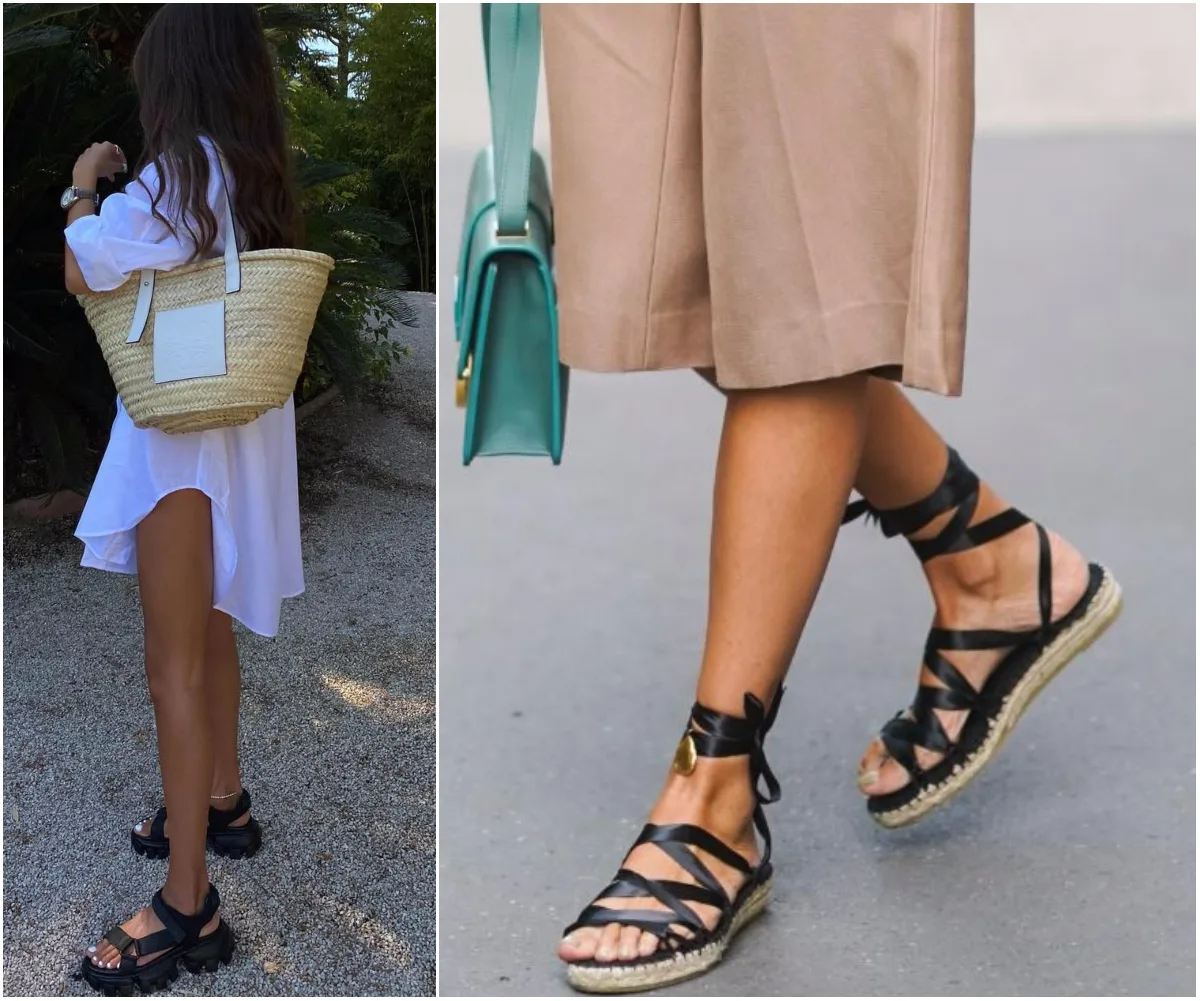 "Two women wearing stylish summer sandals; one in a white dress with a straw bag, the other in strappy black sandals."