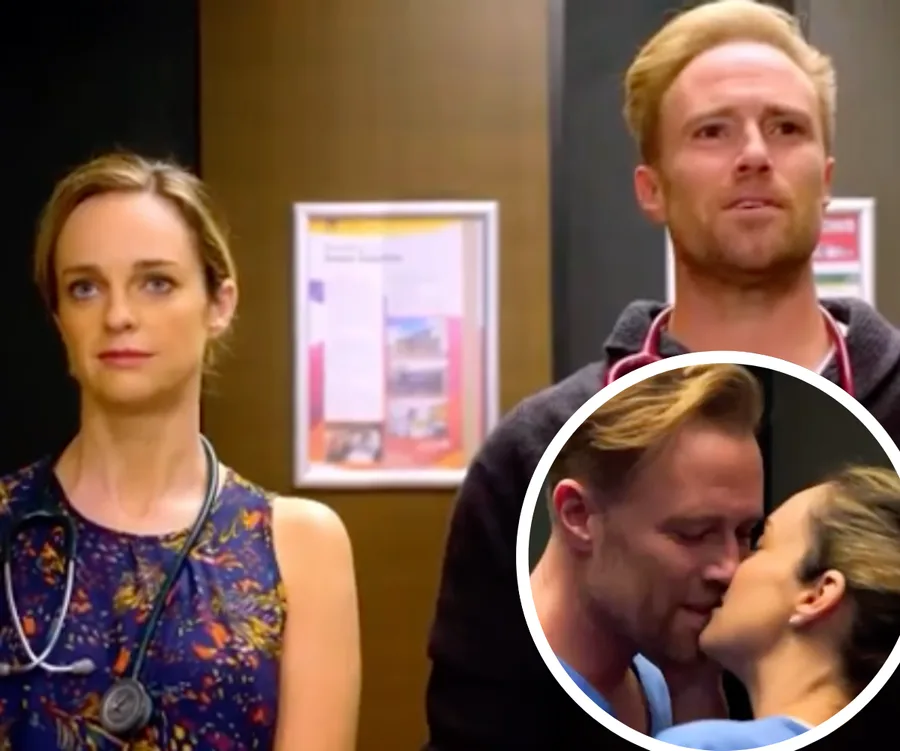 Tori and Christian in a hospital scene, inset shows them sharing a kiss.