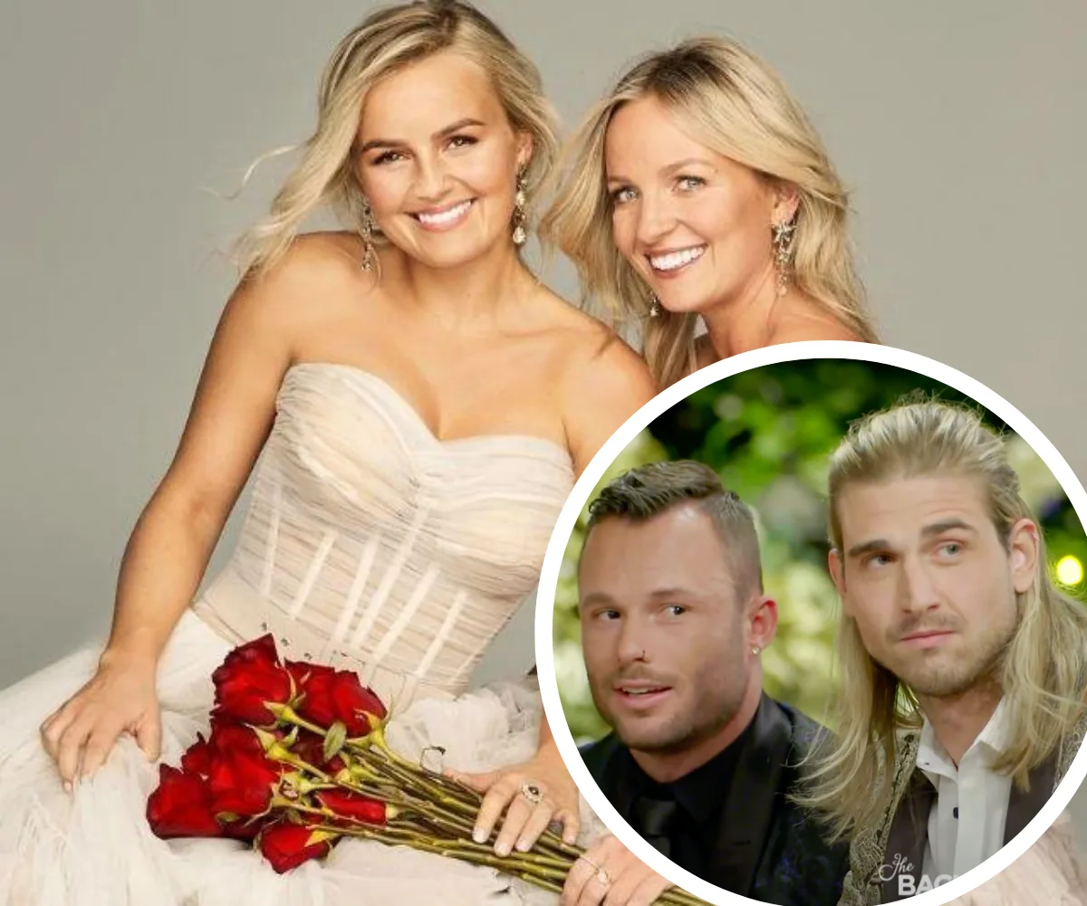 Two women smiling, holding roses, with a circular inset of two men from "The Bachelorette Australia 2020."