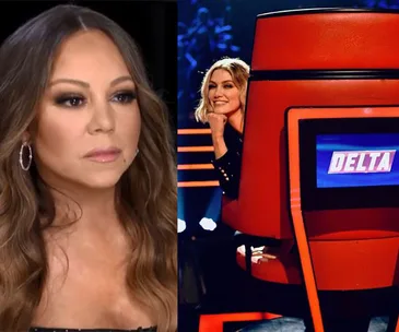Mariah Carey and Delta Goodrem on "The Voice" set; Delta sits in a red chair with her name displayed.