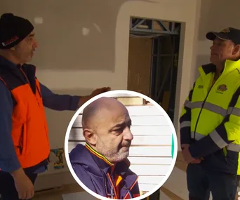 Two men in orange and yellow safety vests discuss in a construction setting; inset of a man in conversation.
