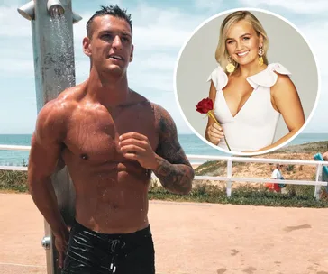 Two people featured: a man at the beach and a woman with a rose, suggesting "The Bachelorette" theme.