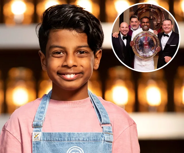 Boy in a pink shirt with denim apron smiles; inset shows four chefs in suits, one holding a large award plate.