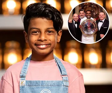 Boy in a pink shirt with denim apron smiles; inset shows four chefs in suits, one holding a large award plate.