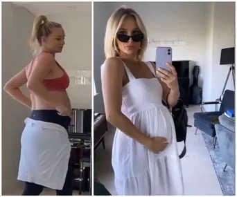 Woman in sportswear and white dress showing baby bump in two side-by-side images at home.