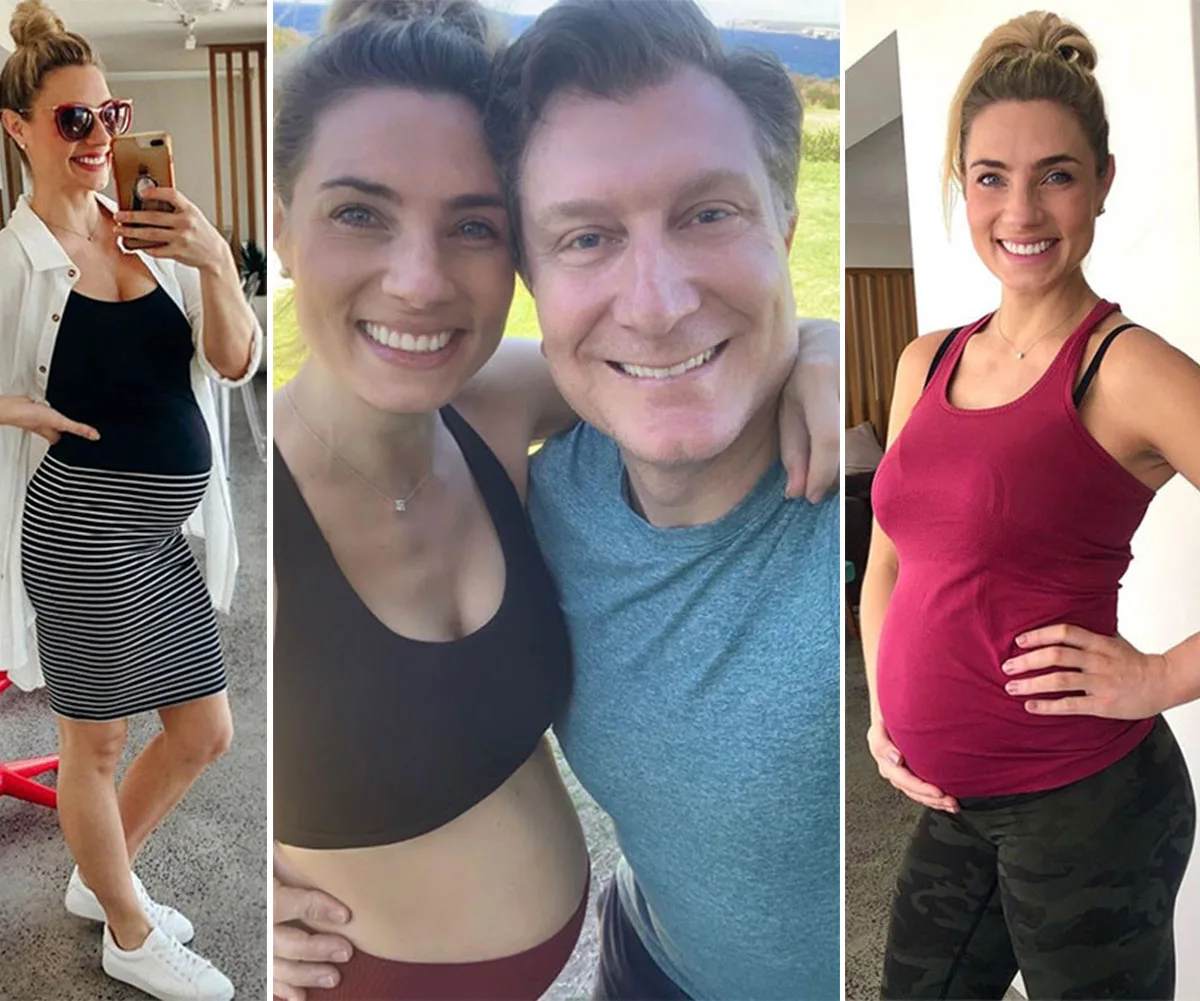 Pregnant woman in various outfits, smiling inside and outside, with another person in one image.