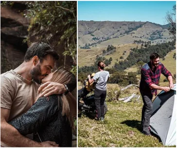 A couple kissing in a forest and setting up a tent on a hill with scenic landscape.