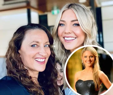 Two women smiling for a selfie with a smaller inset image of a woman in a strapless dress.