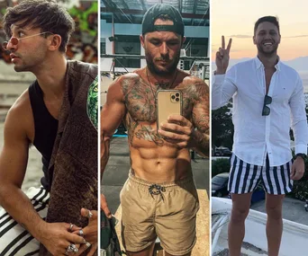 Three contestants from Bachelorette Australia 2020: casually dressed, at the gym, and with a peace sign.