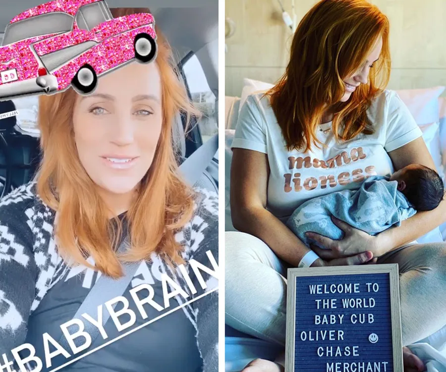 Woman with red hair sits in a car with "#BABYBRAIN"; another image shows her holding a baby with a sign announcing the name.