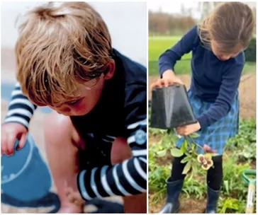 "Two children playing outdoors; one with a bucket on the beach, another gardening with a small plant pot."
