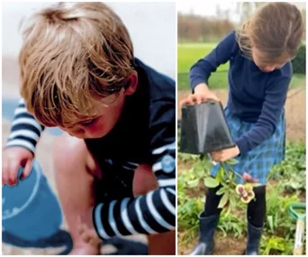 "Two children playing outdoors; one with a bucket on the beach, another gardening with a small plant pot."