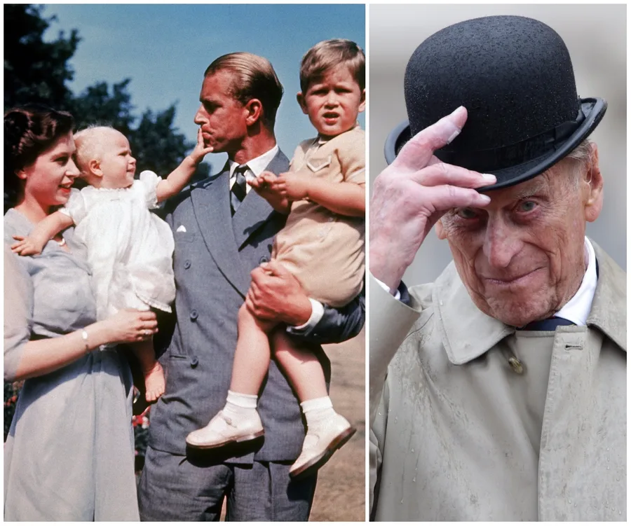 Prince Philip with family in the past and in a bowler hat in later years, showcasing his life journey.