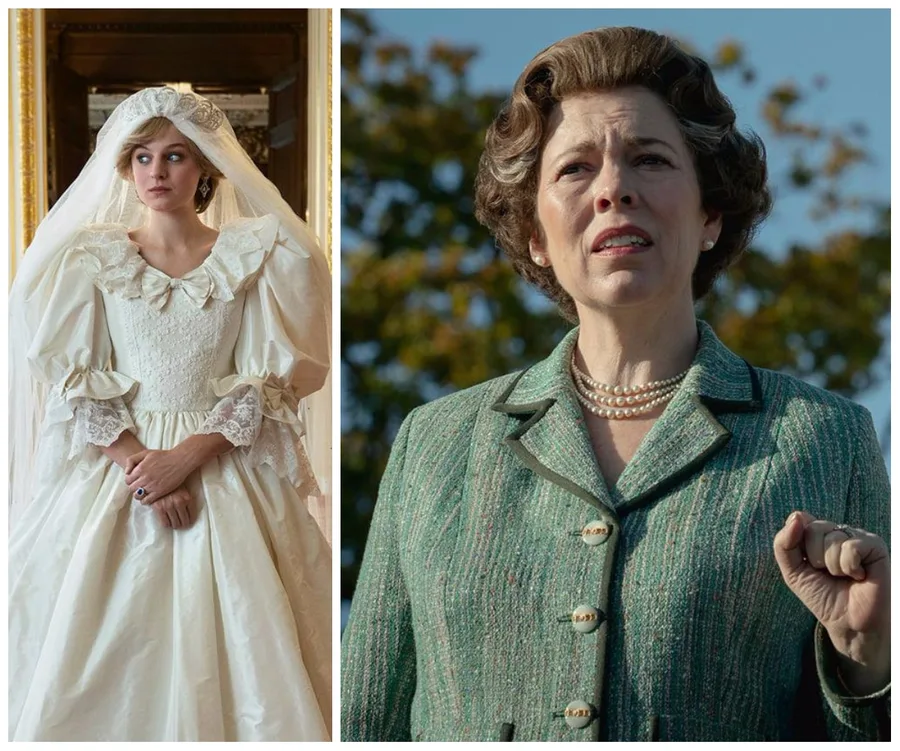 A bride in a white wedding dress stands beside a woman in a green suit with pearls, in a scene from "The Crown" Season 4.