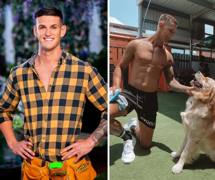 Man in checked shirt with tool belt; shirtless man kneels, playing with a golden retriever outside.