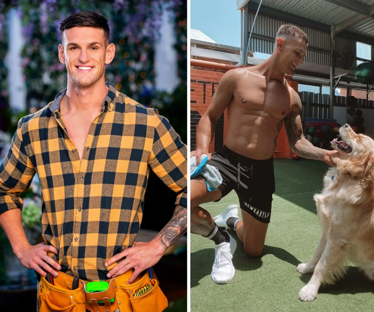 Man in checked shirt with tool belt; shirtless man kneels, playing with a golden retriever outside.