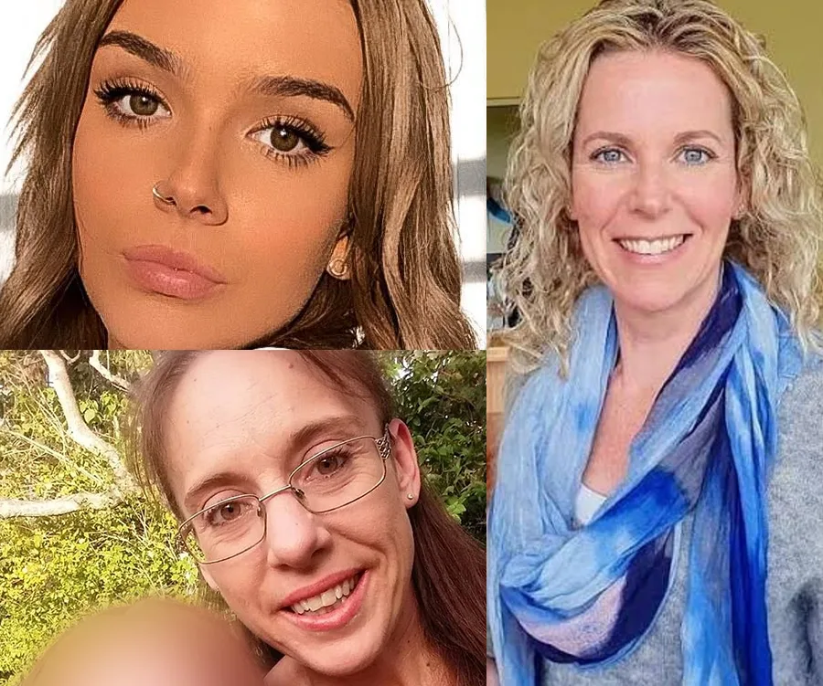 Composite image of three women, each in a separate portrait, set against different backgrounds.