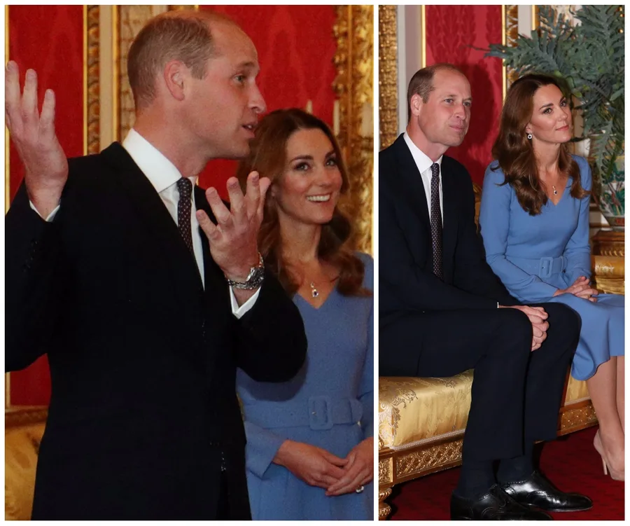 Prince and Duchess at an event in a formal setting; Duchess wears a blue dress with a belt.