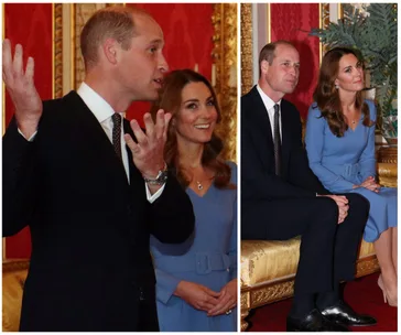 Prince and Duchess at an event in a formal setting; Duchess wears a blue dress with a belt.