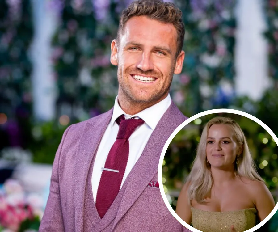 A man in a purple suit smiling with a woman in a gold dress in an inset circle, blurred floral background.