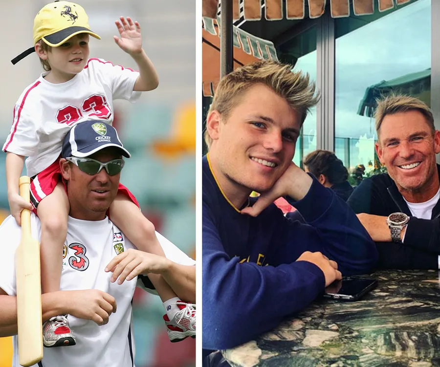 A young boy on a man's shoulders at a cricket ground; two men smiling at a table, outdoors.