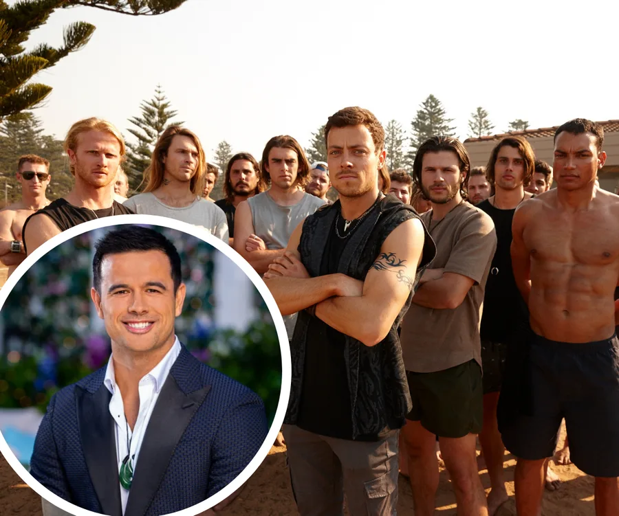 "Group of men on a beach, with inset of a man in a suit smiling; related to Bachelorette and Home and Away series."