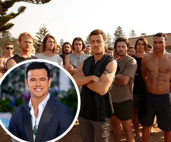 "Group of men on a beach, with inset of a man in a suit smiling; related to Bachelorette and Home and Away series."