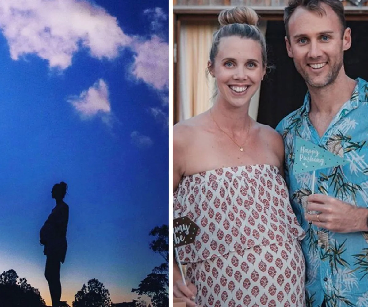 Pregnant couple celebrates with baby-themed signs; silhouette of woman against a twilight sky.